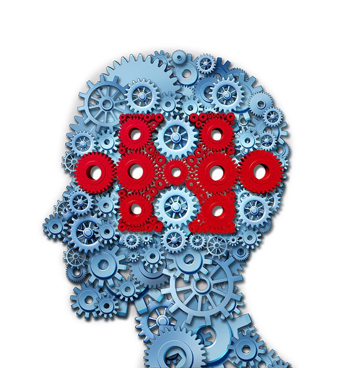 Psychology puzzle head concept with a human face in side view made of connected gears and cogs with a group of red cog wheels shaped as a jigsaw piece as a medical metaphor for cognitive intelligence function.
